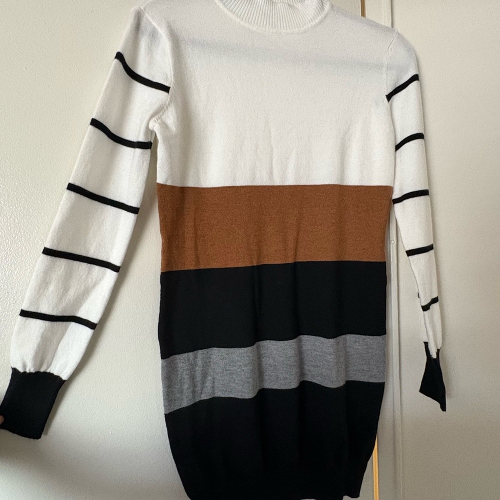 Striped Colorblock Sweater Dress - White, Brown, Black, Gray